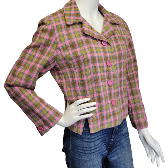 Vtg 60s Handmade Mad Men Pink Plaid Wool Blend Cropped Blazer Jacket Womens M - Picture 14 of 14